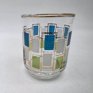 Libbey Juice Glass Nordic Blue Green and White Geometric Rectangles Gold Trimmed